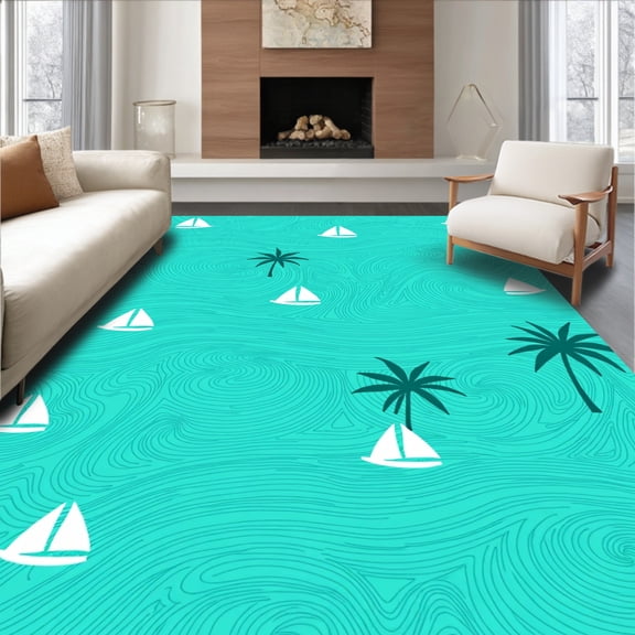 ODIKA 4'x6' Machine Washable Non-Slip Area Rug, Island Breeze Tropical Lagoon Surf Cabana Vacation Escape High Traffic Rug, Blue, 702461