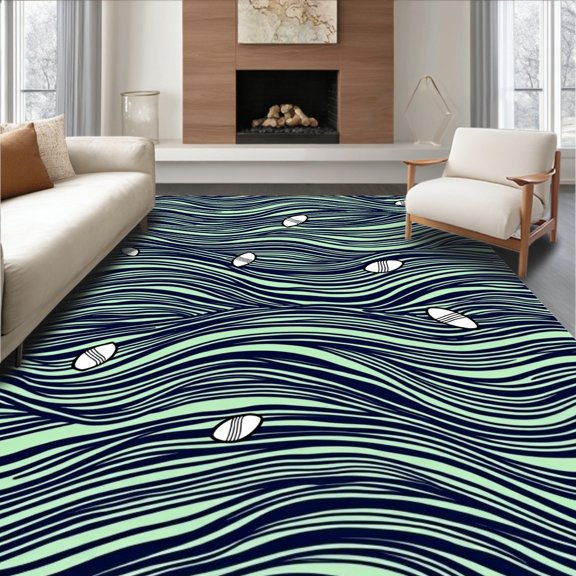 ODIKA 4' x 6' Machine Washable Non-Slip Area Rug, Nautical wave High Traffic Rug, Blue, 703551