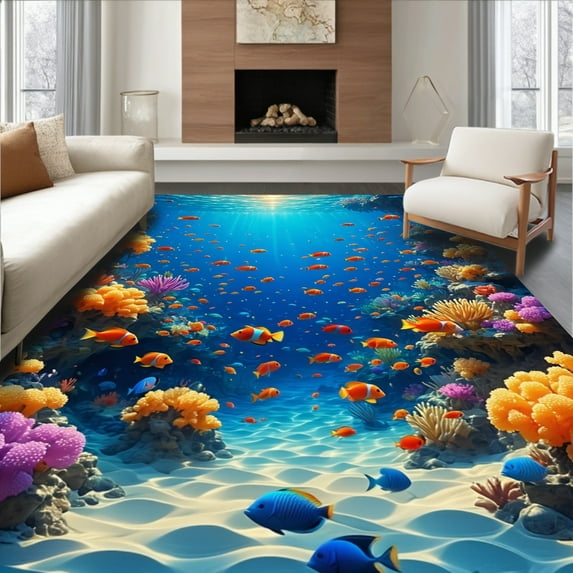 ODIKA 4'x6' Machine Washable Non-Slip Area Rug, Mesmerizing Undersea Abyss Dimensional Coral Reef Escape High Traffic Rug, Blue, 68568