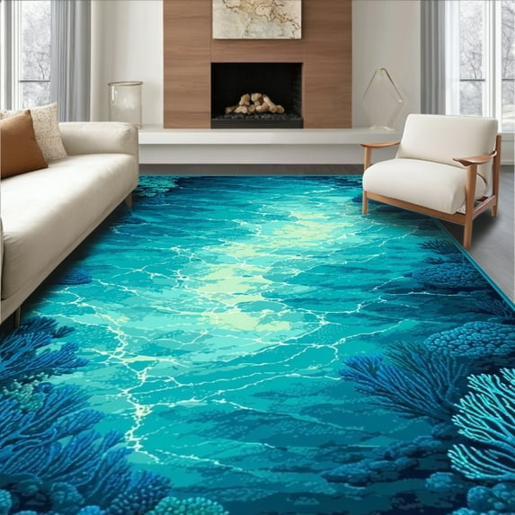ODIKA 4'x6' Machine Washable Non-Slip Area Rug, Oceanic Creature Motif High Traffic Rug, Blue, 30596
