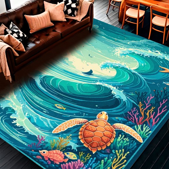 ODIKA 4'x6' Machine Washable Non-Slip Area Rug, Artistic Round Featuring Stylized Sea Creatures and Ocean Waves High Traffic Rug, Teal, 128465
