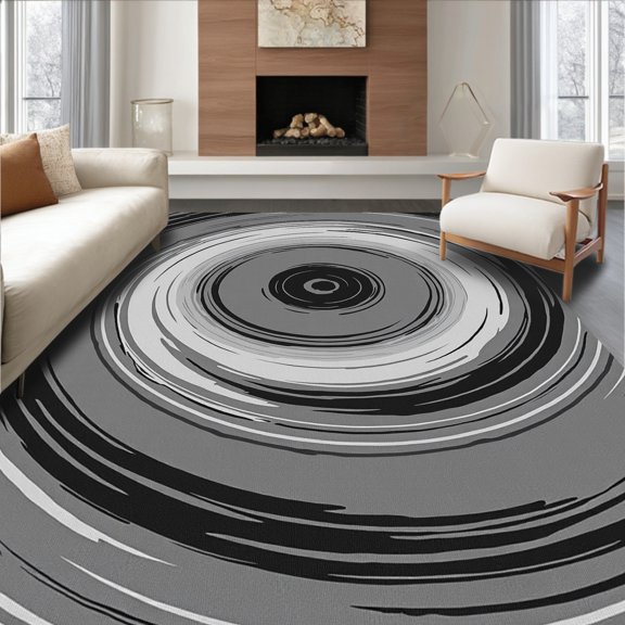 ODIKA 4' x 6' Machine Washable Non-Slip Area Rug, Op Art Concentric-Circles High Traffic Rug, Black, 429213