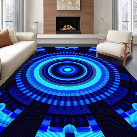 ODIKA 4' x 6' Machine Washable Non-Slip Area Rug, Op Art Concentric-Circles High Traffic Rug, Blue, 368263