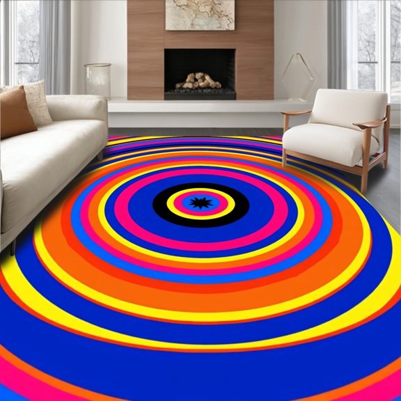ODIKA 4'x6' Machine Washable Non-Slip Area Rug, Vivid Concentric Ring with Bold Chromatic Shifts High Traffic Rug, Blue, 396550