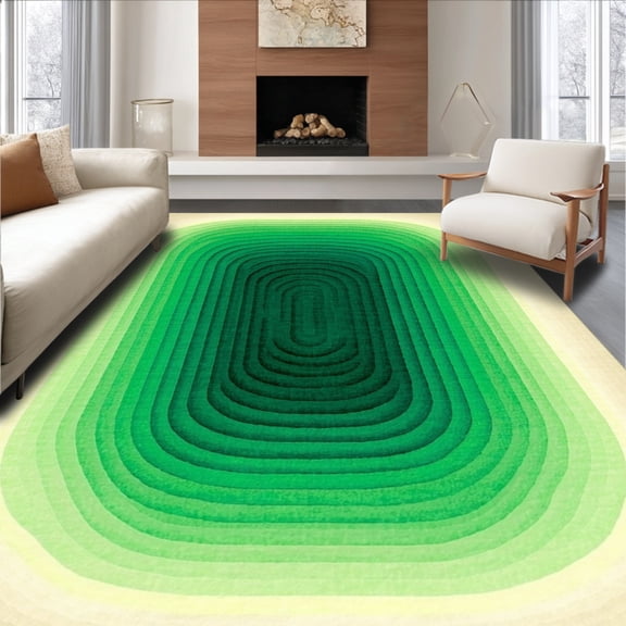 ODIKA 4' x 6' Machine Washable Non-Slip Area Rug, Op Art Concentric-Ovals High Traffic Rug, Green, 144037