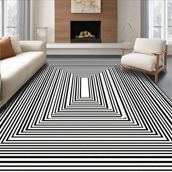 ODIKA 4' x 6' Machine Washable Non-Slip Area Rug, Op Art Concentric-Squares High Traffic Rug, Black, 371951