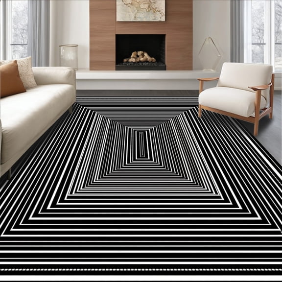 ODIKA 4' x 6' Machine Washable Non-Slip Area Rug, Op Art Concentric-Squares High Traffic Rug, Black, 380092