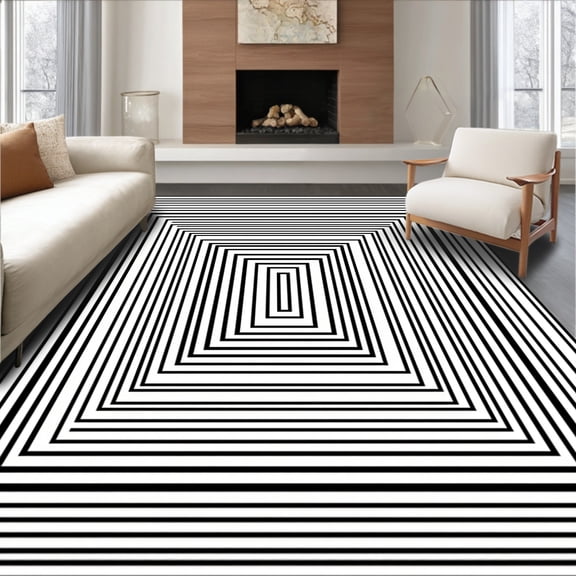 ODIKA 4' x 6' Machine Washable Non-Slip Area Rug, Op Art Concentric-Squares High Traffic Rug, Black, 427944