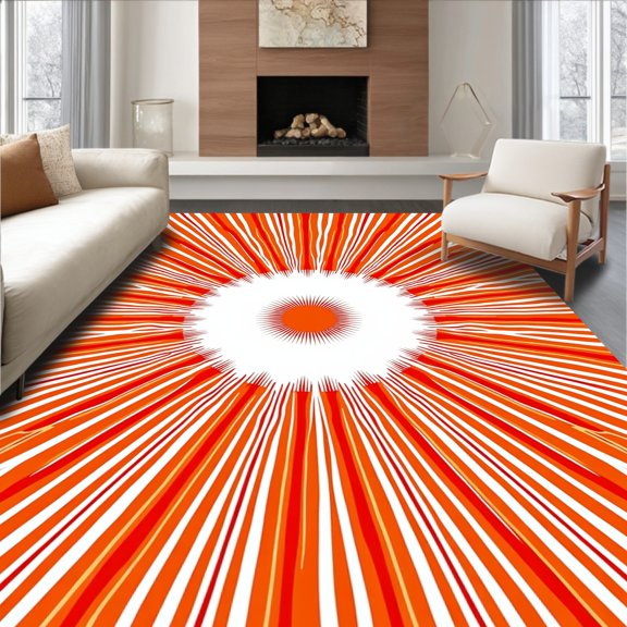 ODIKA 4'x6' Machine Washable Non-Slip Area Rug, Starburst Radial Explosion with Radiating Energy Lines High Traffic Rug, Orange, 393759