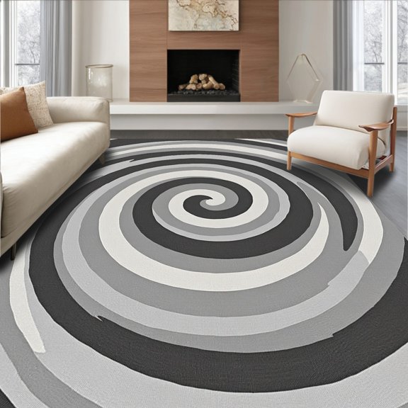 ODIKA 4'x6' Machine Washable Non-Slip Area Rug, Modern Abstract Spiral Motif with Layered Circular Bands High Traffic Rug, Black, 367283