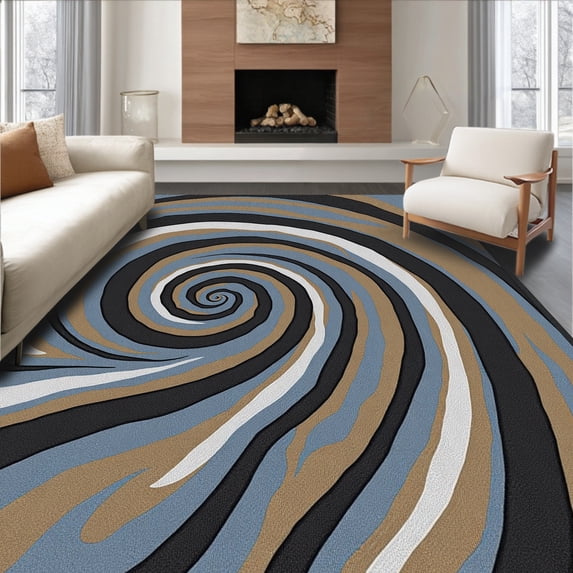 ODIKA 4' x 6' Machine Washable Non-Slip Area Rug, Op Art Spiral High Traffic Rug, Black, 437968