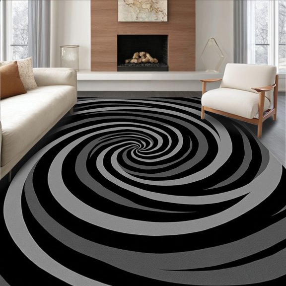 ODIKA 4' x 6' Machine Washable Non-Slip Area Rug, Op Art Spiral High Traffic Rug, Black, 448137