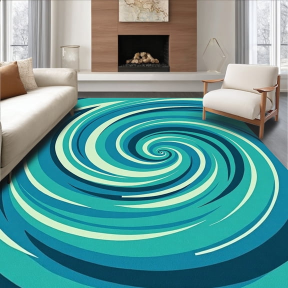 ODIKA 4' x 6' Machine Washable Non-Slip Area Rug, Op Art Spiral High Traffic Rug, Blue, 371305