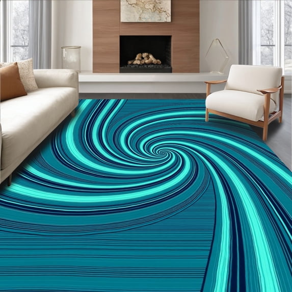 ODIKA 4' x 6' Machine Washable Non-Slip Area Rug, Op Art Spiral High Traffic Rug, Blue, 405496