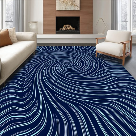 ODIKA 4'x6' Machine Washable Non-Slip Area Rug, Sophisticated Spiral Vortex Decorative Deluxe Graceful Refined High Traffic Rug, Blue, 446912