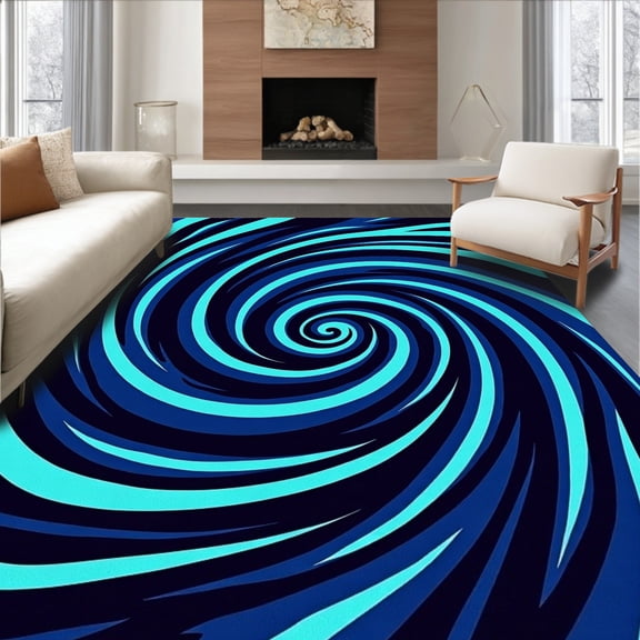 ODIKA 4' x 6' Machine Washable Non-Slip Area Rug, Op Art Spiral High Traffic Rug, Blue, 446913