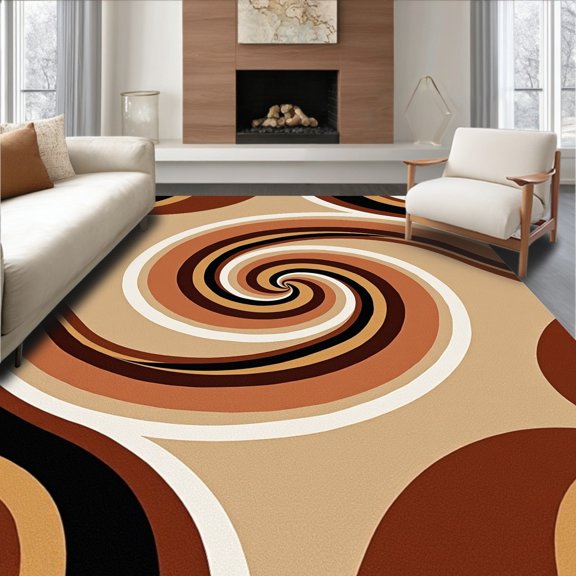 ODIKA 4' x 6' Machine Washable Non-Slip Area Rug, Op Art Spiral High Traffic Rug, Brown, 423119