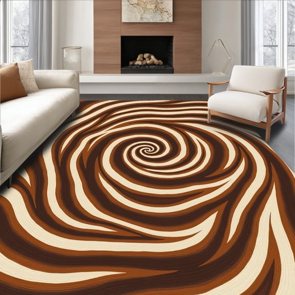 ODIKA 4' x 6' Machine Washable Non-Slip Area Rug, Op Art Spiral High Traffic Rug, Brown, 424694