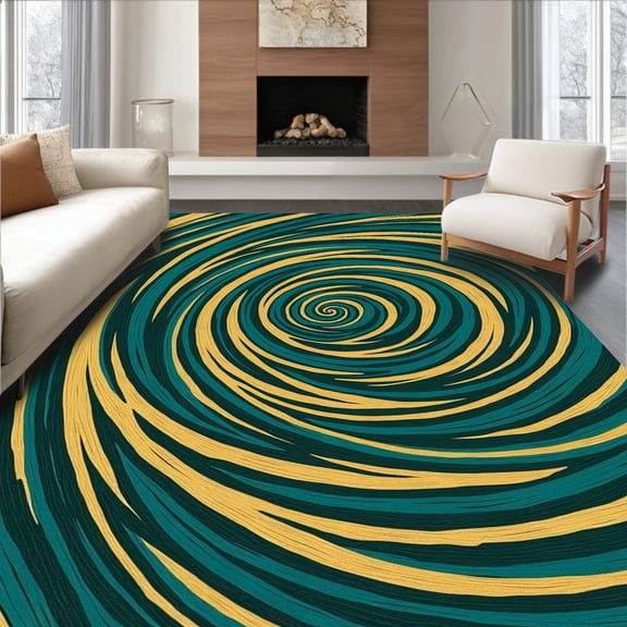 ODIKA 4' x 6' Machine Washable Non-Slip Area Rug, Op Art Spiral High Traffic Rug, Gold, 435121
