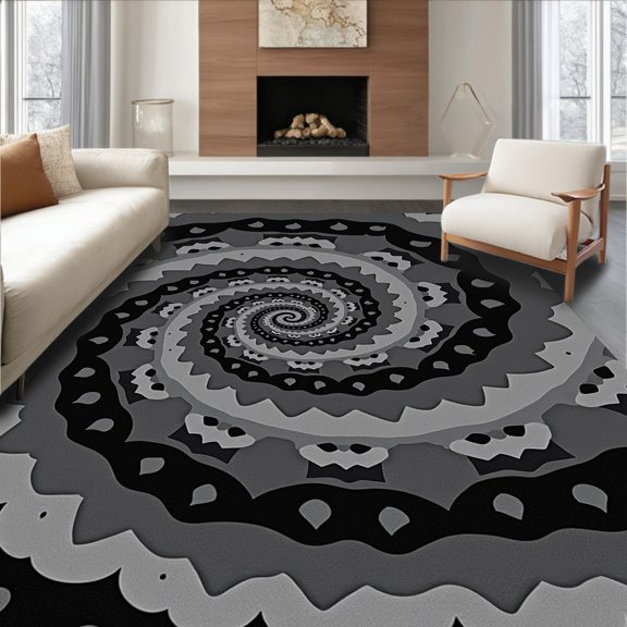 ODIKA 4' x 6' Machine Washable Non-Slip Area Rug, Op Art Spiral High Traffic Rug, Gray, 370085