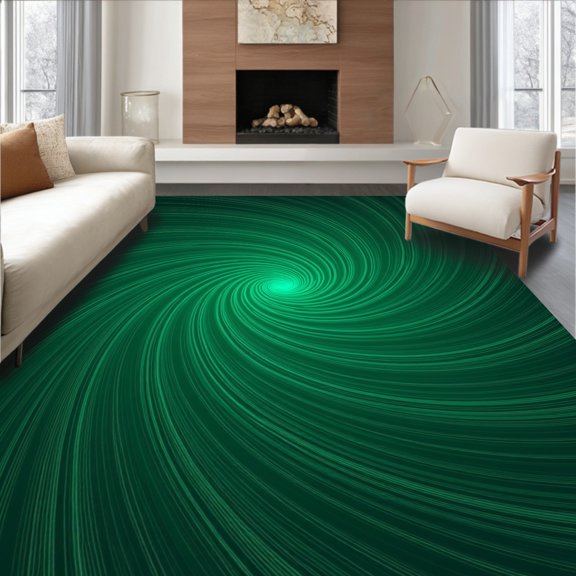 ODIKA 4' x 6' Machine Washable Non-Slip Area Rug, Op Art Spiral High Traffic Rug, Green, 435095