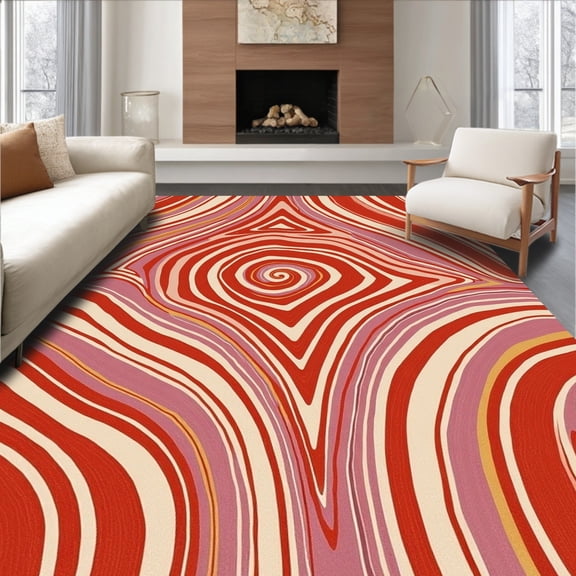 ODIKA 4'x6' Machine Washable Non-Slip Area Rug, Radiant Coral Waves with Intricate Flowing Design High Traffic Rug, Red, 393142