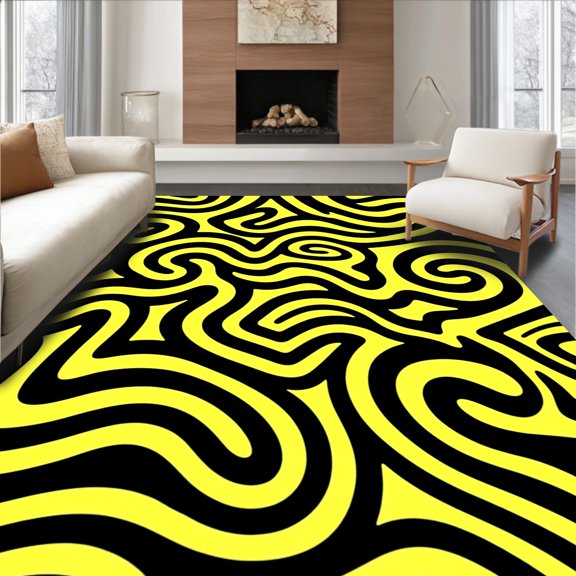 ODIKA 4' x 6' Machine Washable Non-Slip Area Rug, Op Art Squiggle High Traffic Rug, Black, 375330