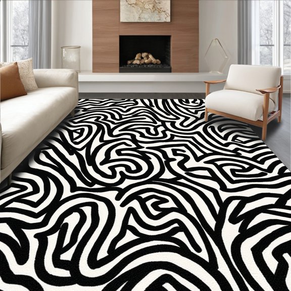 ODIKA 4' x 6' Machine Washable Non-Slip Area Rug, Op Art Squiggles High Traffic Rug, Black, 321503
