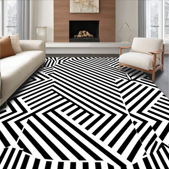 ODIKA 4' x 6' Machine Washable Non-Slip Area Rug, Op Art Stripe High Traffic Rug, Black, 371948