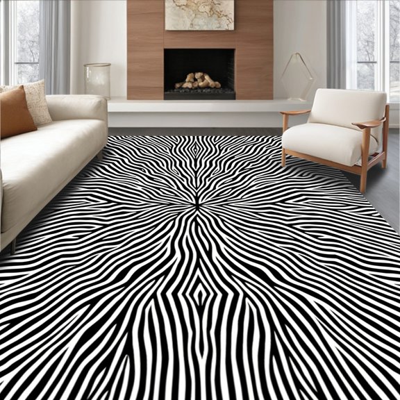 ODIKA 4' x 6' Machine Washable Non-Slip Area Rug, Op Art Stripe High Traffic Rug, Black, 426814