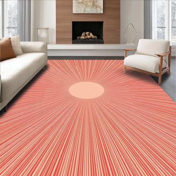 ODIKA 4'x6' Machine Washable Non-Slip Area Rug, Sunrise Abstract Sunburst Design High Traffic Rug, Beige, 368532