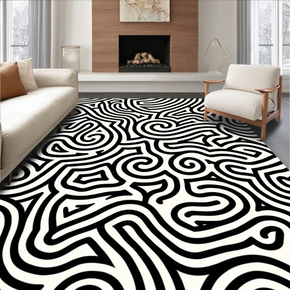 ODIKA 4' x 6' Machine Washable Non-Slip Area Rug, Op Art Swirl High Traffic Rug, Black, 419512