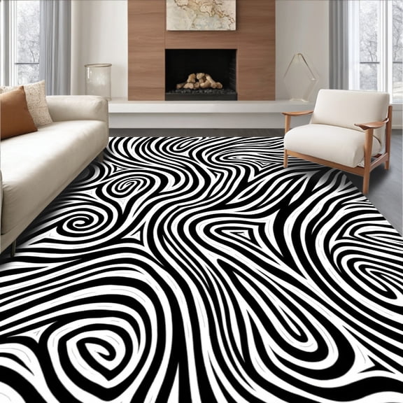 ODIKA 4' x 6' Machine Washable Non-Slip Area Rug, Op Art Swirl High Traffic Rug, Black, 433663