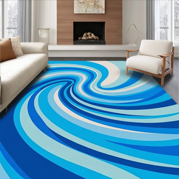 ODIKA 4' x 6' Machine Washable Non-Slip Area Rug, Op Art Swirl High Traffic Rug, Blue, 368227