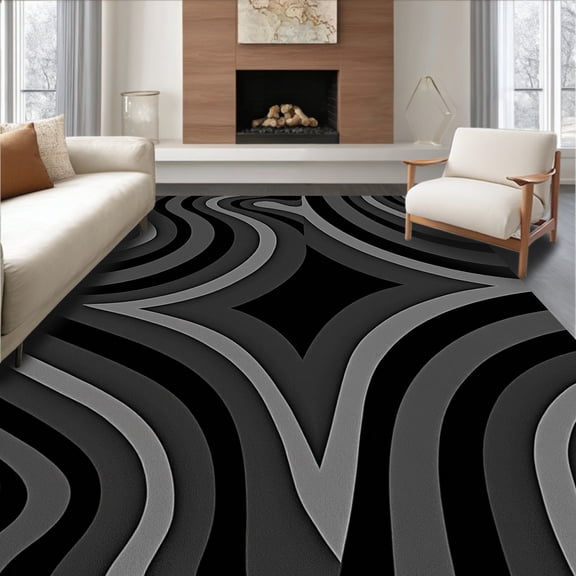 ODIKA 4' x 6' Machine Washable Non-Slip Area Rug, Op Art Wave High Traffic Rug, Black, 389990