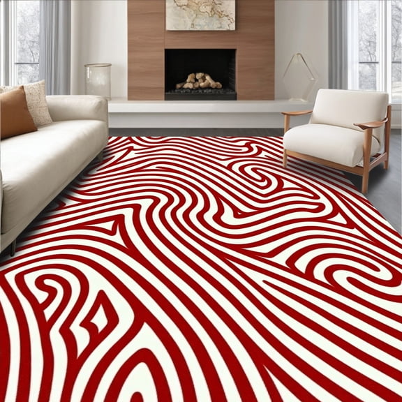 ODIKA 4' x 6' Machine Washable Non-Slip Area Rug, Op Art Wave High Traffic Rug, Burgundy, 370757