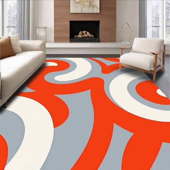 ODIKA 4' x 6' Machine Washable Non-Slip Area Rug, Op Art Wave High Traffic Rug, Orange, 368390