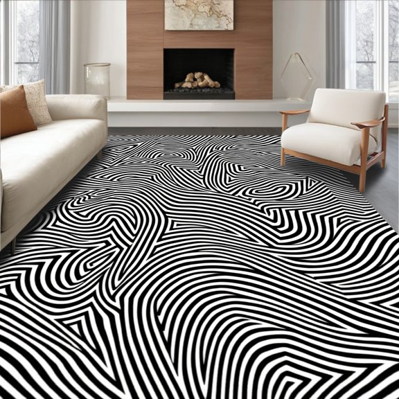 ODIKA 4' x 6' Machine Washable Non-Slip Area Rug, Op Art Wavy-Line High Traffic Rug, Black, 426981