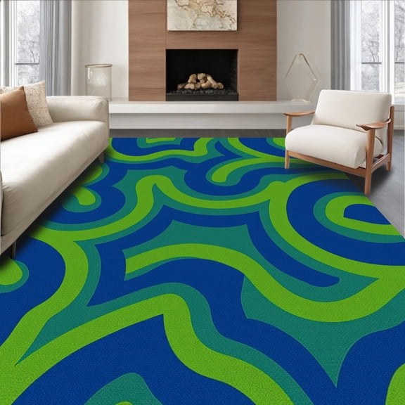 ODIKA 4' x 6' Machine Washable Non-Slip Area Rug, Op Art Wavy-Line High Traffic Rug, Blue, 370150