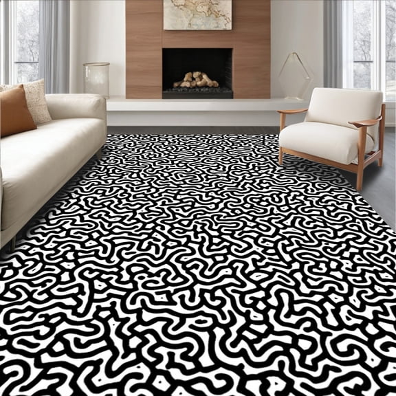 ODIKA 4' x 6' Machine Washable Non-Slip Area Rug, Op Art squiggle High Traffic Rug, Black, 388791