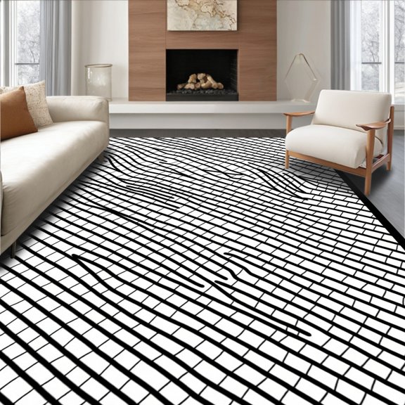 ODIKA 4' x 6' Machine Washable Non-Slip Area Rug, Op Art wave High Traffic Rug, Black, 565724