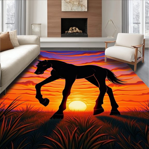 ODIKA 4' x 6' Machine Washable Non-Slip Area Rug, Outline Motif Horse High Traffic Rug, Orange, 745006