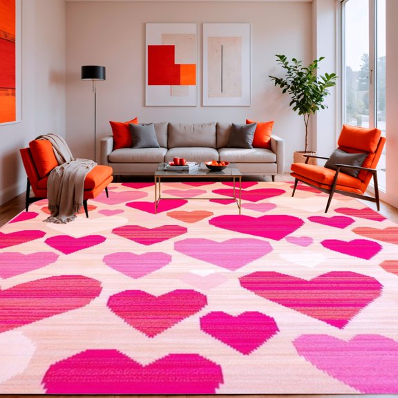 ODIKA 4' x 6' Machine Washable Non-Slip Area Rug, Pixel Art Heart High Traffic Rug, Pink, 148084