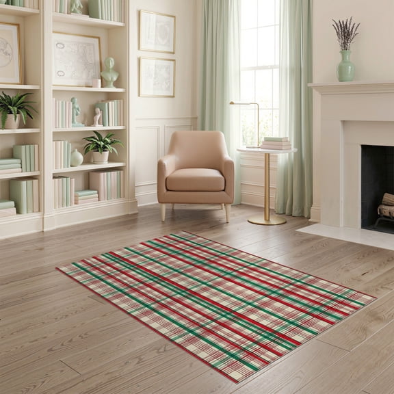 ODIKA 4'x6' Machine Washable Non-Slip Area Rug, Festive Plaid Tartan with Classic Holiday Accents High Traffic Rug, Red, 507613