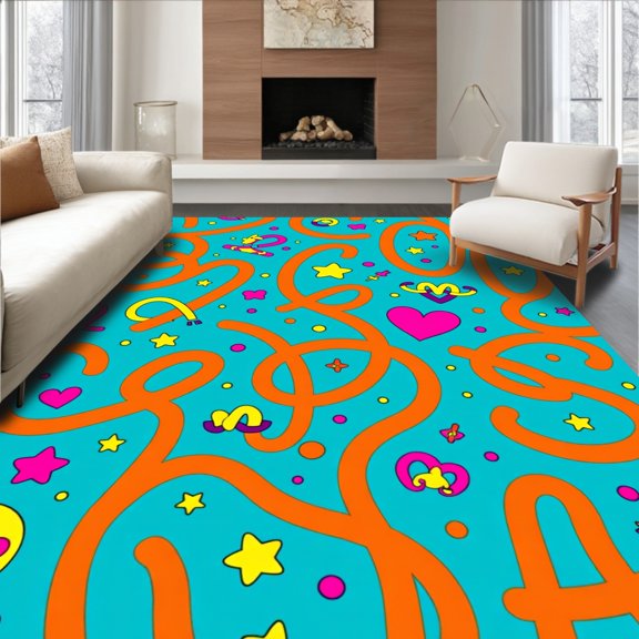 ODIKA 4' x 6' Machine Washable Non-Slip Area Rug, Pop Art Squiggle High Traffic Rug, Orange, 589368