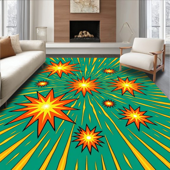 ODIKA 4'x6' Machine Washable Non-Slip Area Rug, Celestial Orb Anime Inspired with Cosmic Energy Design High Traffic Rug, Orange, 699904