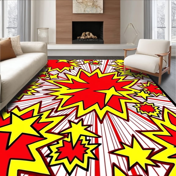 ODIKA 4'x6' Machine Washable Non-Slip Area Rug, Book Action Burst Anime Style High Traffic Rug, Red, 699948