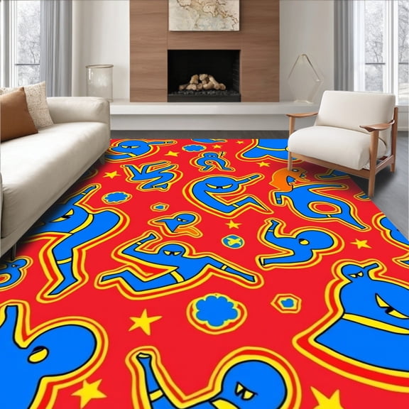 ODIKA 4'x6' Machine Washable Non-Slip Area Rug, Vibrant Cartoon Character Adventure Scene High Traffic Rug, Red, 700027