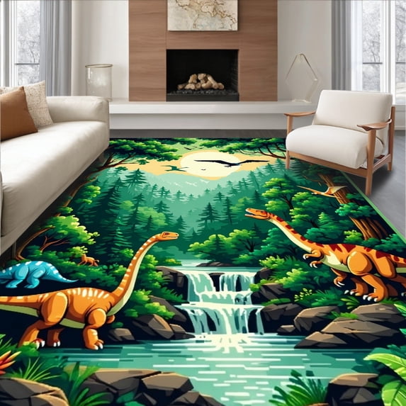 ODIKA 4'x6' Machine Washable Non-Slip Area Rug, Charming Fossil Inspired Style High Traffic Rug, Green, 8491
