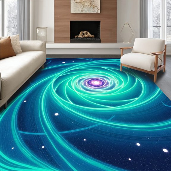 ODIKA 4' x 6' Machine Washable Non-Slip Area Rug, Psychedelic Spiral High Traffic Rug, Blue, 484991